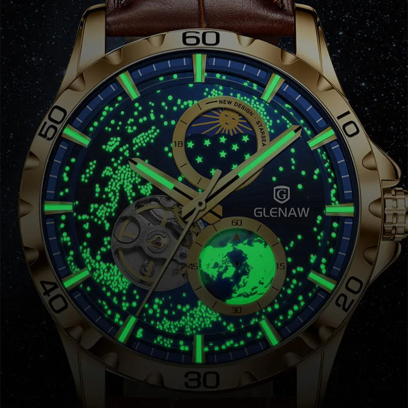 GLENAW Rotating Earth Double Wrist Automatic Mechanical Watch