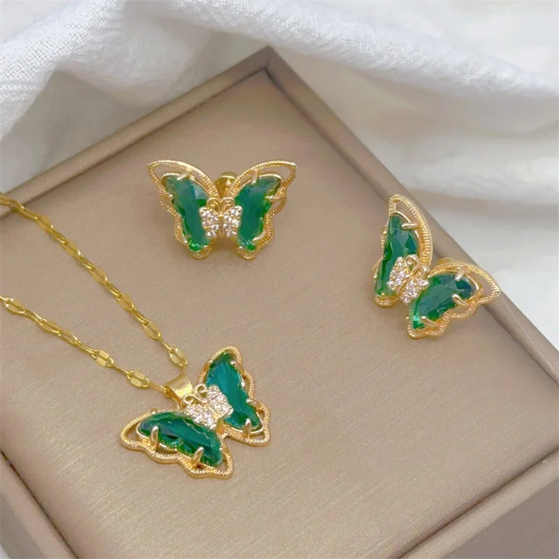 Butterfly Necklace Earrings Set Luxury