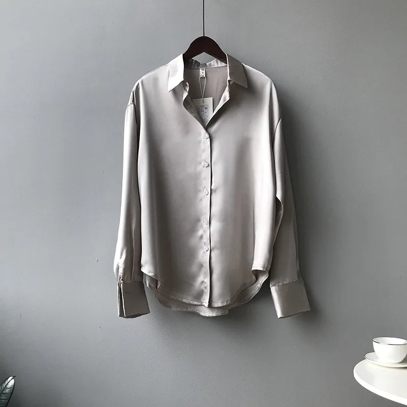 Spring Fashion Button Up Silk Shirt Vintage Blouse Women Satin Tops Office Lady Elegant Long Sleeves Female Loose Shirts