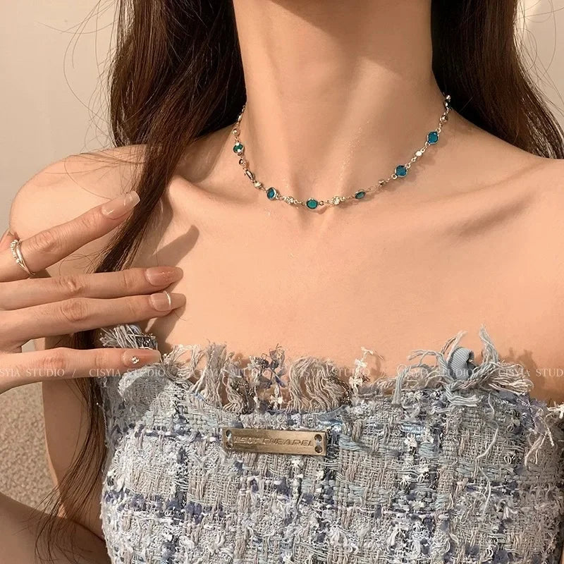 Blue Crystal Butterfly Necklace for Women Girls Simple Shiny Zircon Bilayer Choker Clavicle Chain New Fine Jewelry