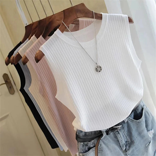 Summer Sleeveless Blouse Women O-neck Knitted Blouse Shirt Women Clothes