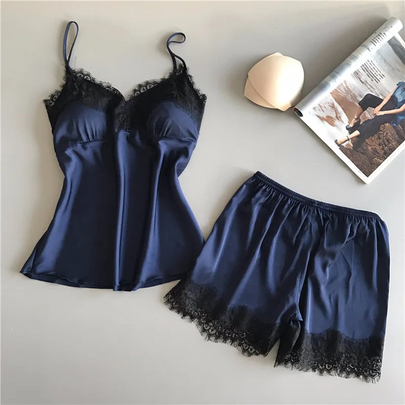 Summer Women's New Solid Color Suspender Shorts Two Piece Set Sexy Lace Lace Homewear Fashion Comfortable Light Luxury Pajamas