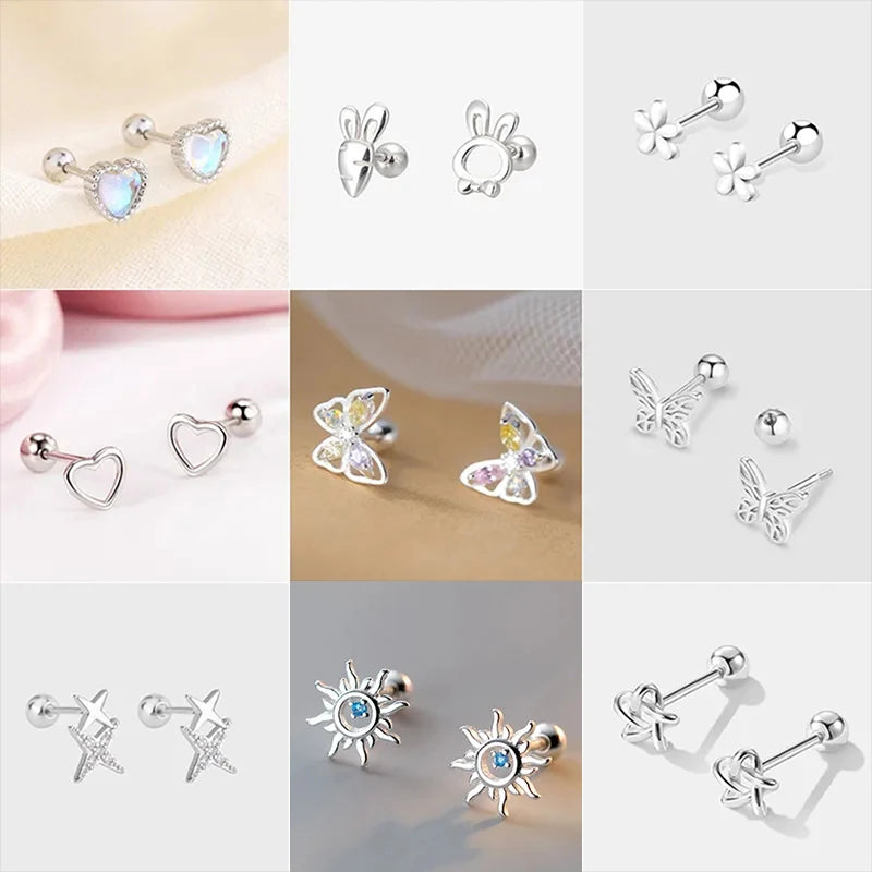 Korean 925 Silver Needle Tragus Piercing Helix Studs Earrings for Women 2Pcs Butterfly