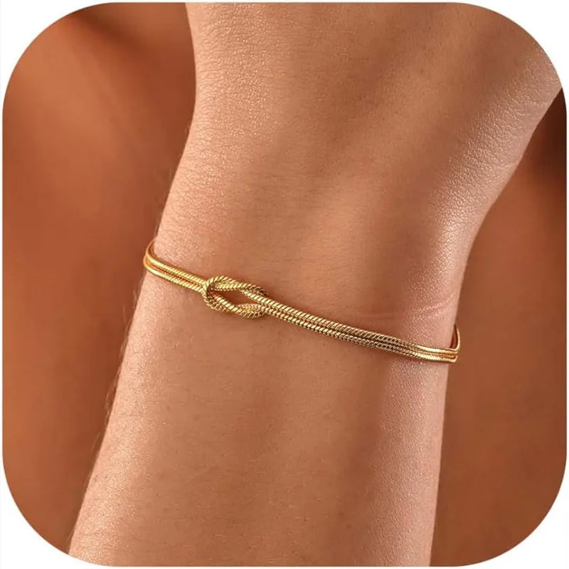 Love Knot Bracelets for Women 14K Gold Plated Dainty Snake Chain Infinity Bracelet Adjustable