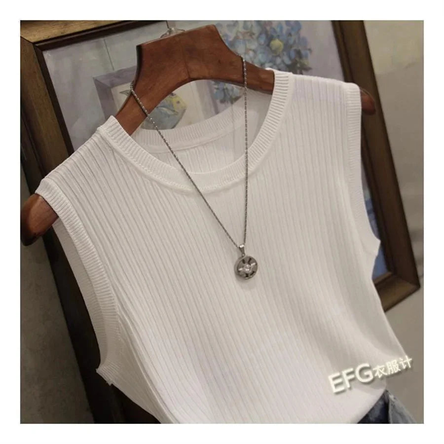 Summer Sleeveless Blouse Women O-neck Knitted Blouse Shirt Women Clothes