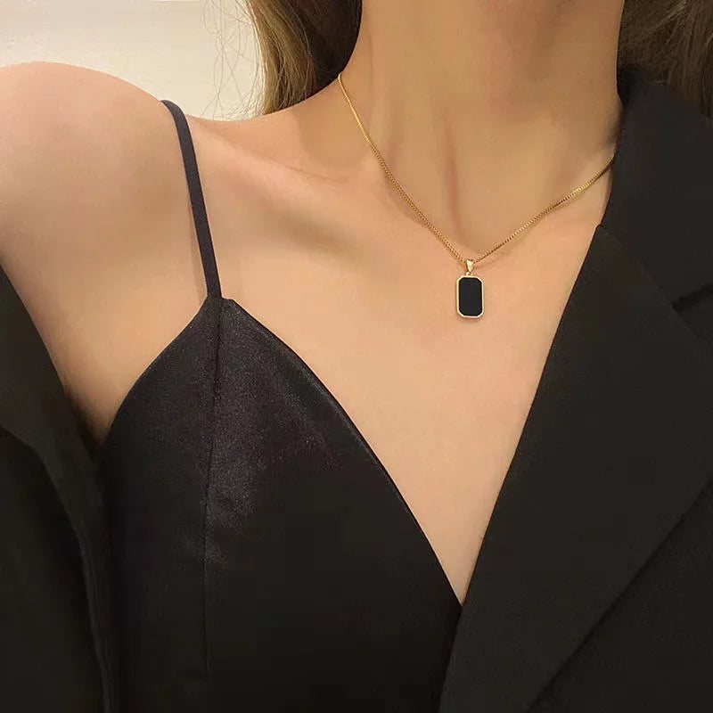 Korean Black Geometric Pendant Necklace for Women