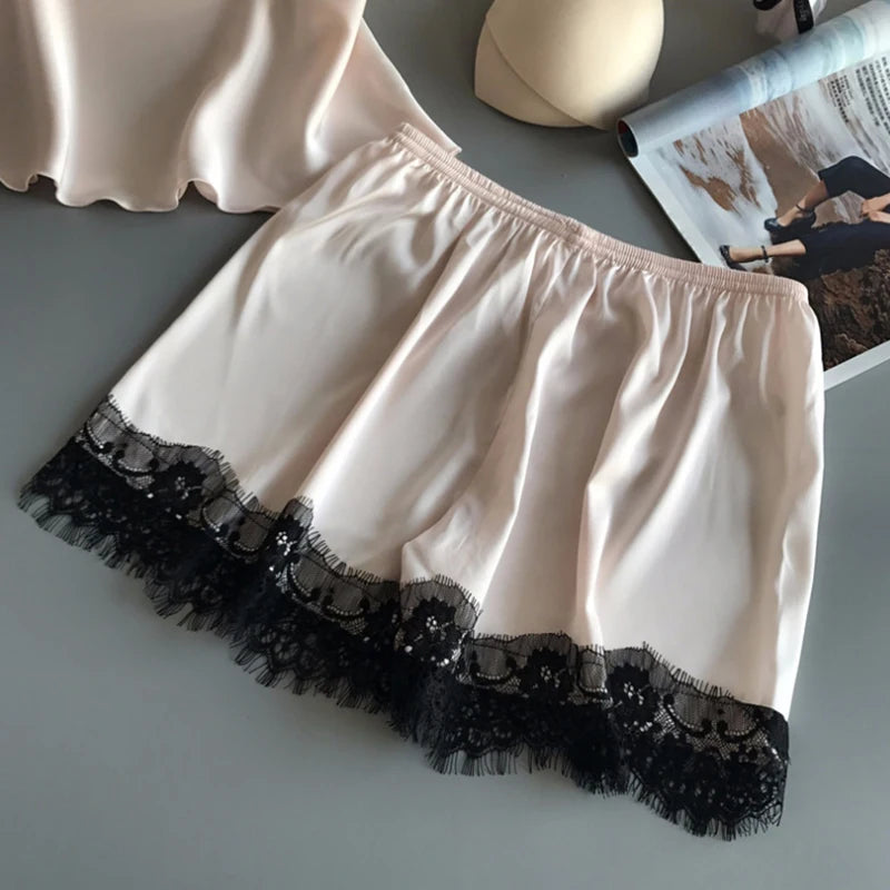 Summer Women's New Solid Color Suspender Shorts Two Piece Set Sexy Lace Lace Homewear Fashion Comfortable Light Luxury Pajamas