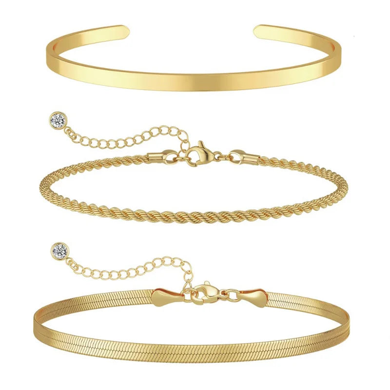 3pcs 14K Gold Plated STAINLESS Waterproof Bracelet Sets for Women