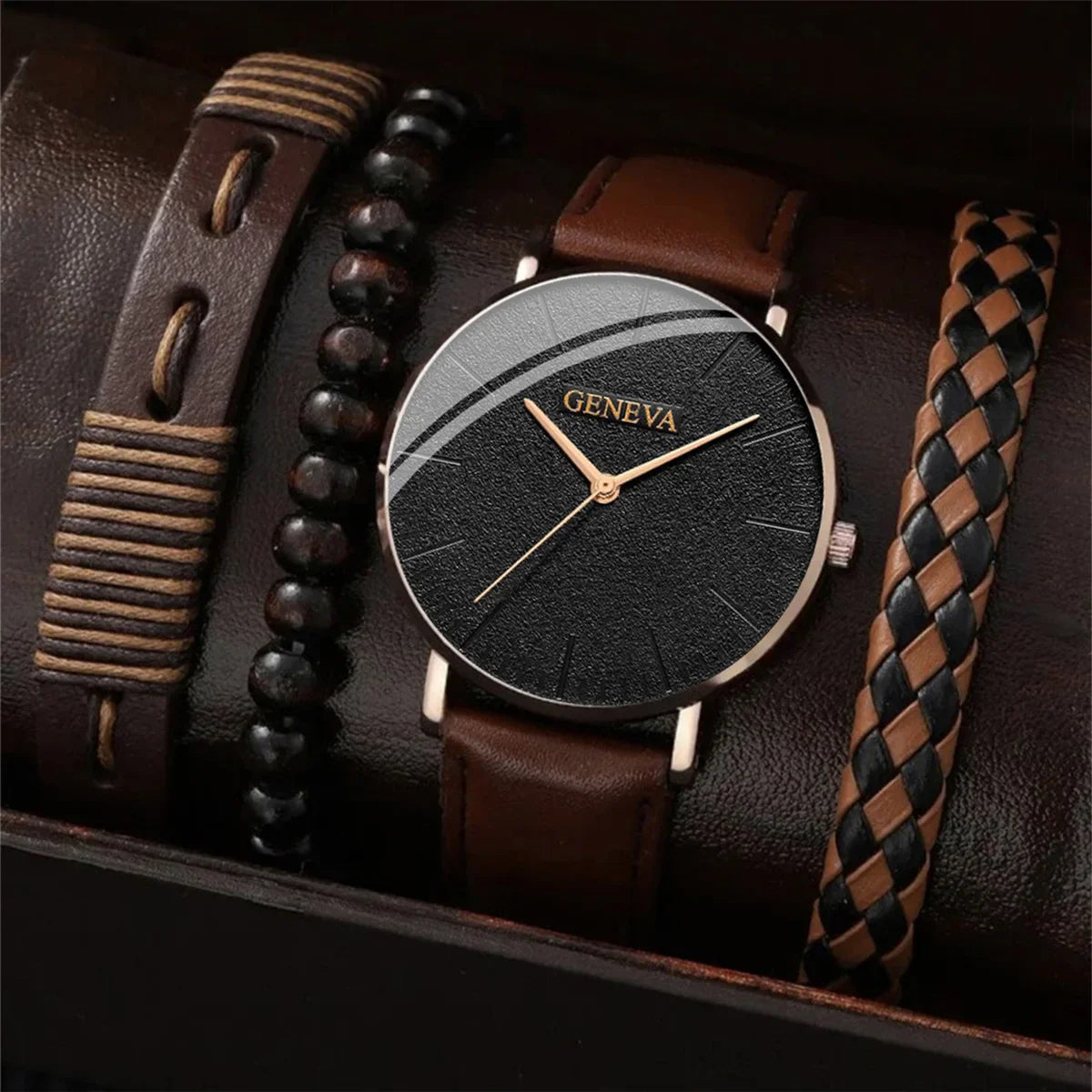 Luxury Bracelet Set Fashion Business Brown Leather Quartz Wrist Watches