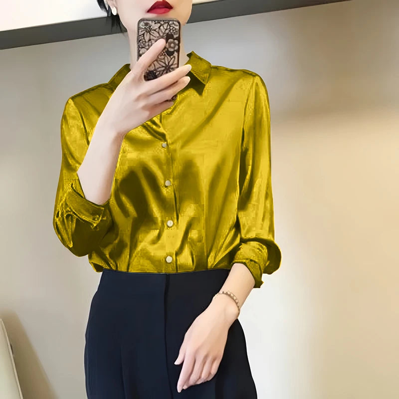 All-match Satin Finish Shirts And Blouses Women Clothing Casual Top OL Long Sleeve Button Elegant Shirts