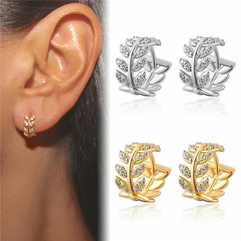 Delicate Leaf Earring with Shiny CZ for Women