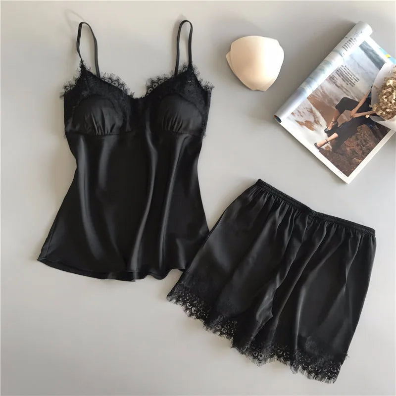 Summer Women's New Solid Color Suspender Shorts Two Piece Set Sexy Lace Lace Homewear Fashion Comfortable Light Luxury Pajamas