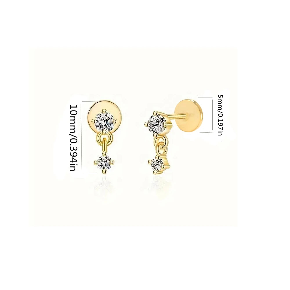 1pc 925 Sterling Silver Mini Zircon Thick Flat Screw Back Drop Earrings For Women
