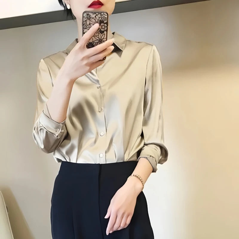 All-match Satin Finish Shirts And Blouses Women Clothing Casual Top OL Long Sleeve Button Elegant Shirts