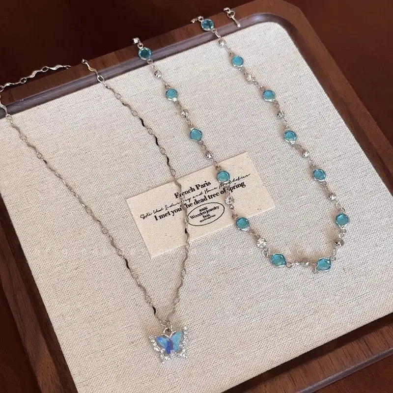 Blue Crystal Butterfly Necklace for Women Girls Simple Shiny Zircon Bilayer Choker Clavicle Chain New Fine Jewelry