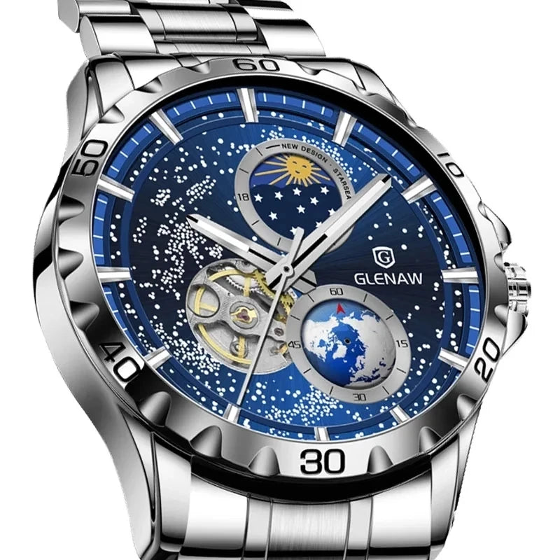 GLENAW Rotating Earth Double Wrist Automatic Mechanical Watch