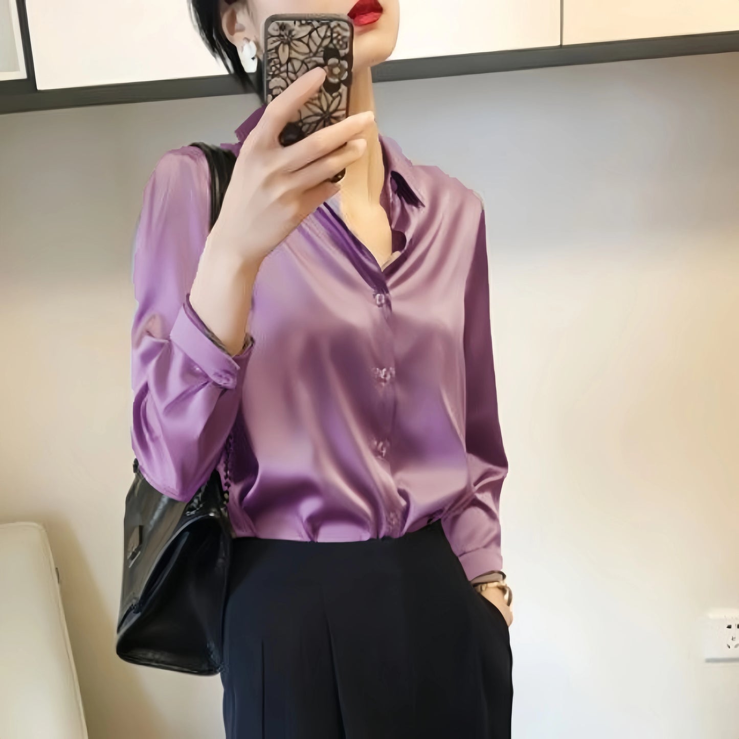 All-match Satin Finish Shirts And Blouses Women Clothing Casual Top OL Long Sleeve Button Elegant Shirts