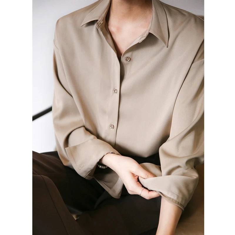 Spring Fashion Button Up Silk Shirt Vintage Blouse Women Satin Tops Office Lady Elegant Long Sleeves Female Loose Shirts