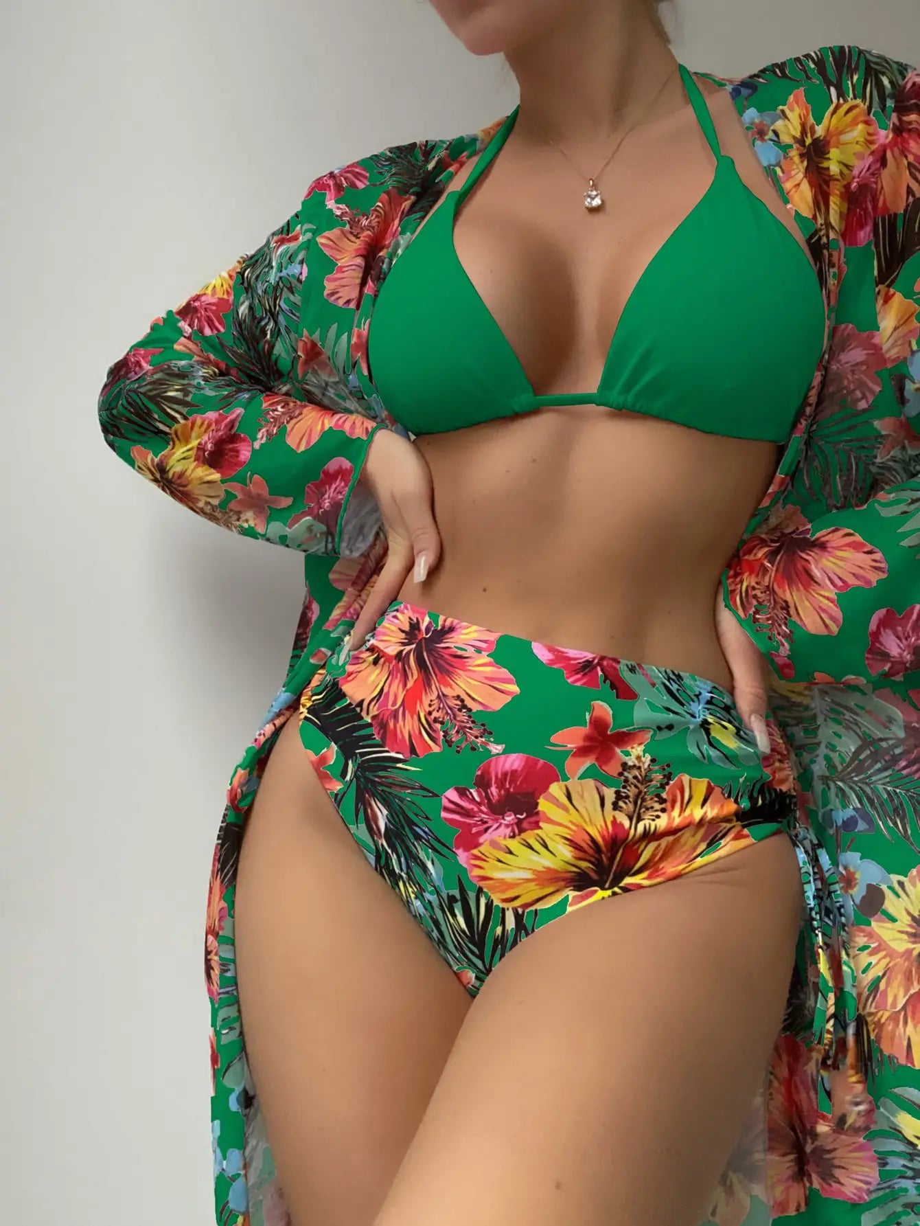 Halter Triangle Bikini 2024 Women Swimsuit With Kimono High Waist Swimwear