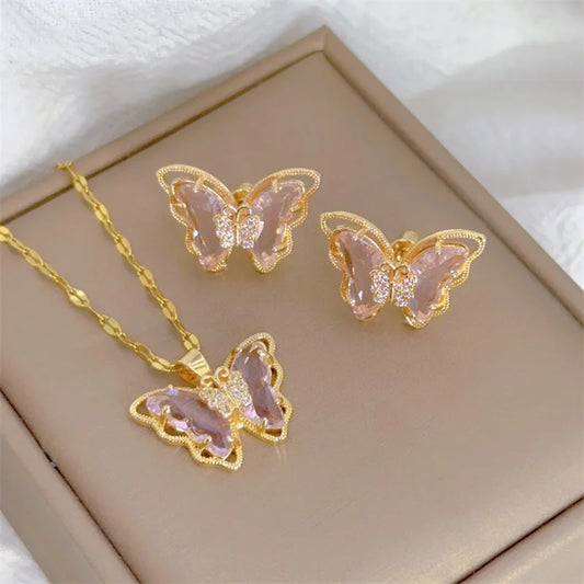 Butterfly Necklace Earrings Set Luxury