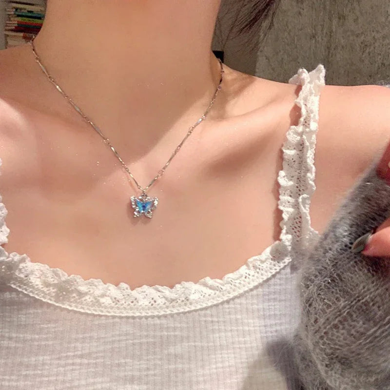 Blue Crystal Butterfly Necklace for Women Girls Simple Shiny Zircon Bilayer Choker Clavicle Chain New Fine Jewelry