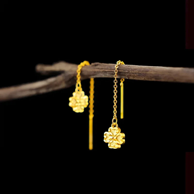 Genuine K Gold Drop Clover Earrings Simple Design for Women