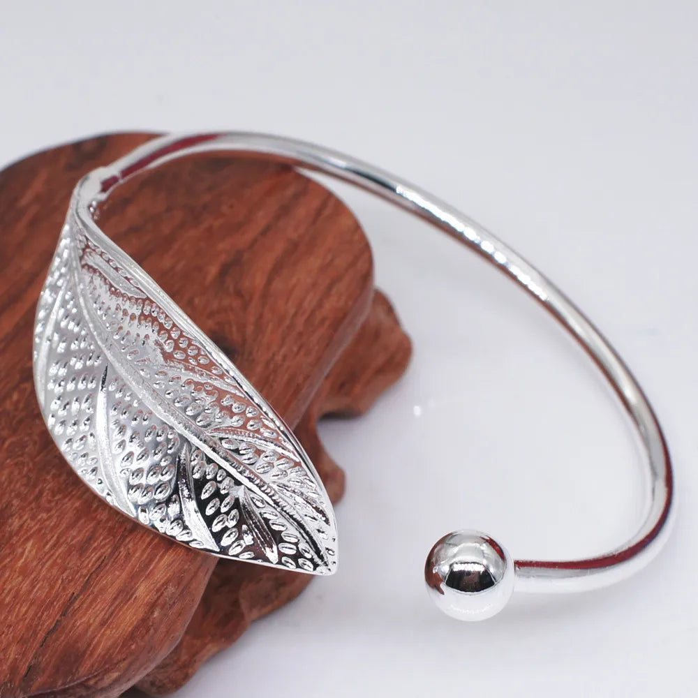 925 Sterling Silver Woman Cuff Bracelet Open Leaf Shaped Adjustable