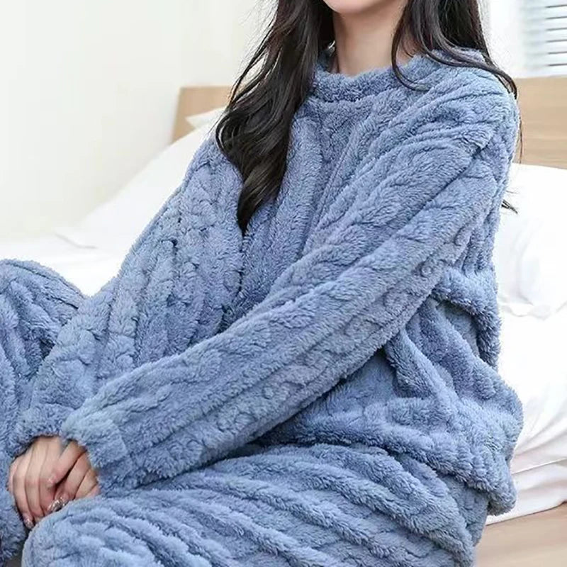 Autumn Women Solid Warm 2 Piece Sets Thicken Velvet Ribbed Fleece Set Pullover