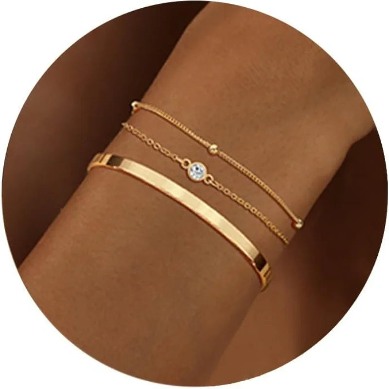 3pcs 14K Gold Plated STAINLESS Waterproof Bracelet Sets for Women