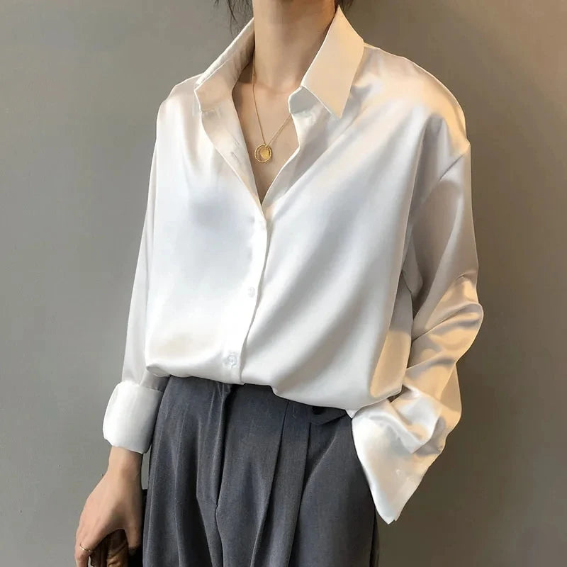 Spring Fashion Button Up Silk Shirt Vintage Blouse Women Satin Tops Office Lady Elegant Long Sleeves Female Loose Shirts