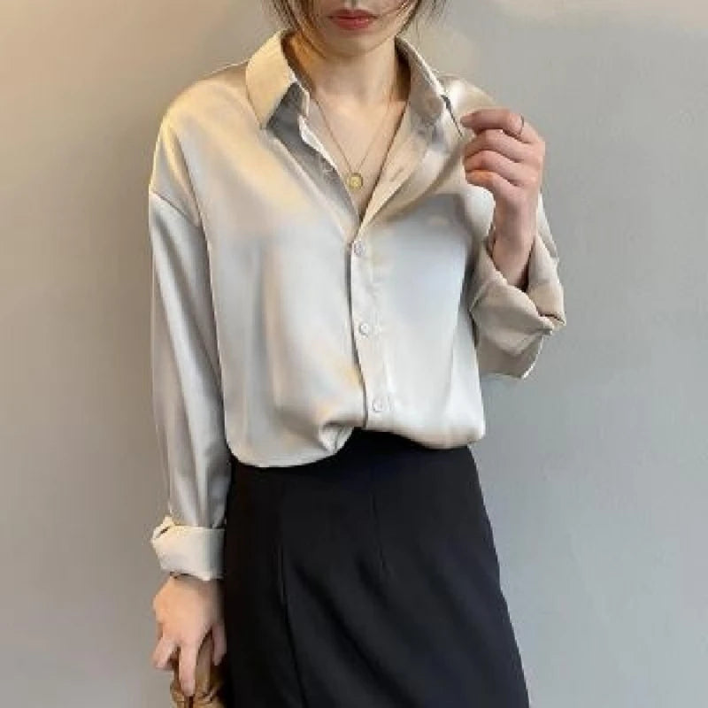 Spring Fashion Button Up Silk Shirt Vintage Blouse Women Satin Tops Office Lady Elegant Long Sleeves Female Loose Shirts