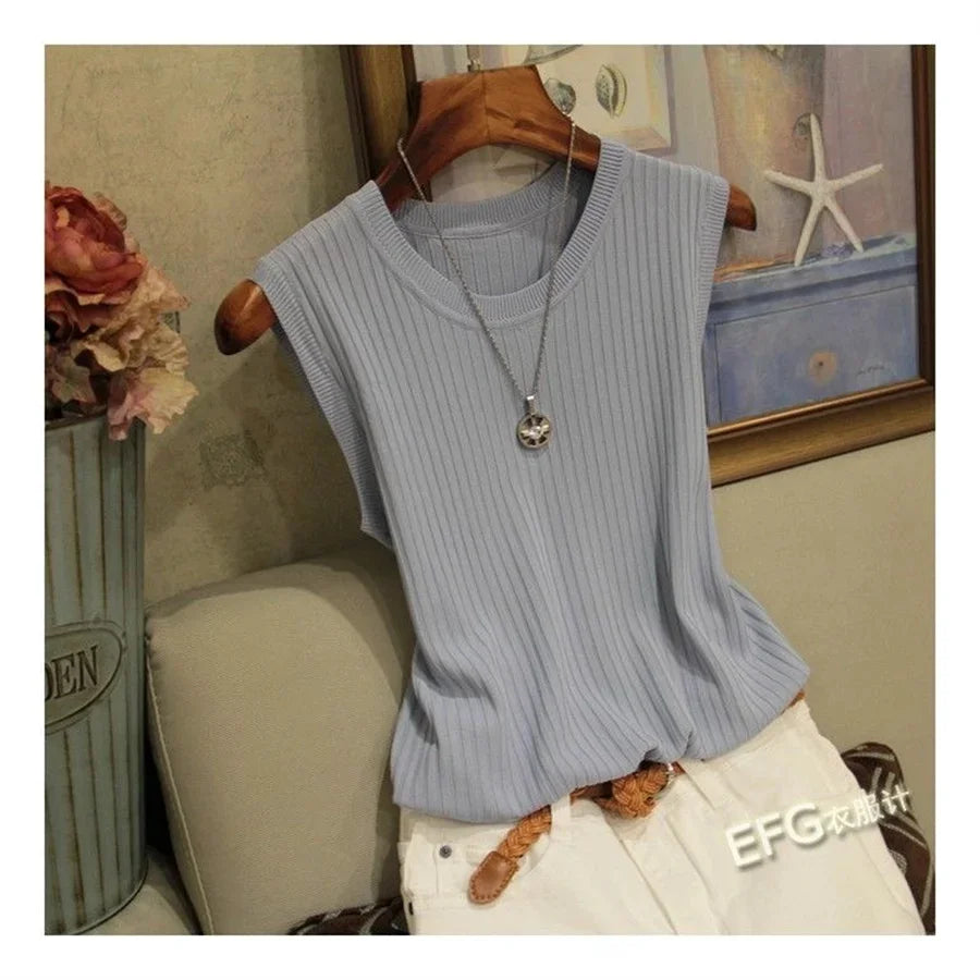 Summer Sleeveless Blouse Women O-neck Knitted Blouse Shirt Women Clothes