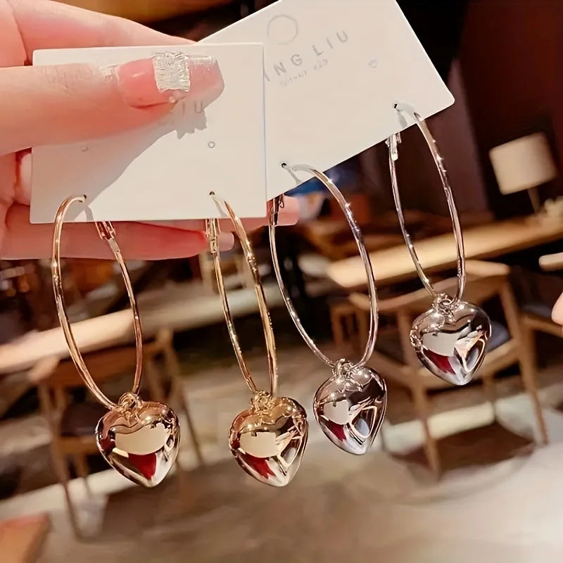 Heart-Shaped Pendant Hollow Hoop Earrings - Fashion Alloy Jewelry for Women
