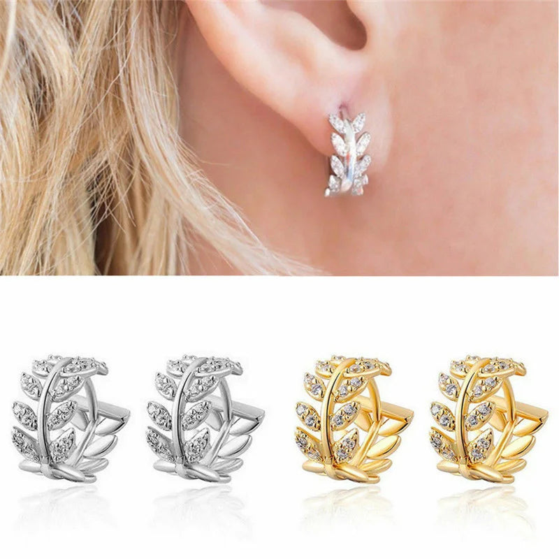 Delicate Leaf Earring with Shiny CZ for Women