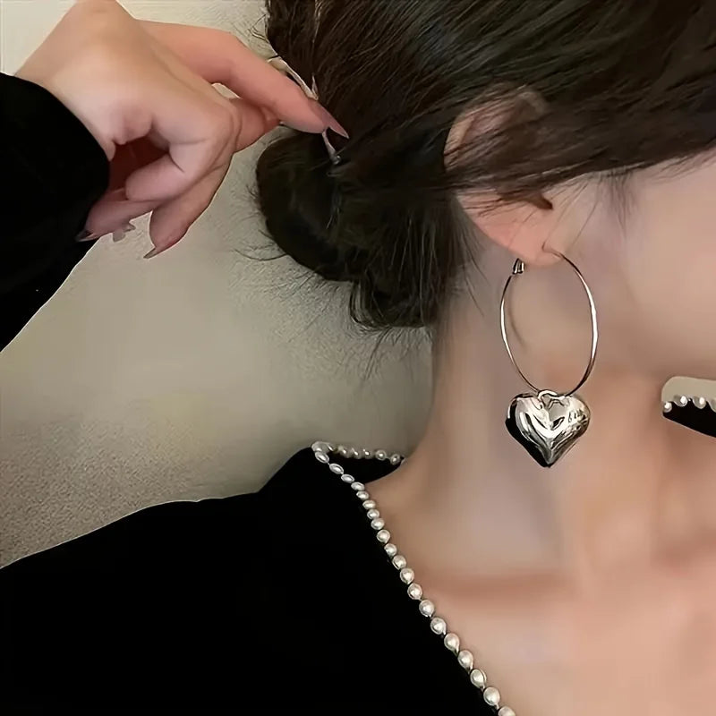 Heart-Shaped Pendant Hollow Hoop Earrings - Fashion Alloy Jewelry for Women