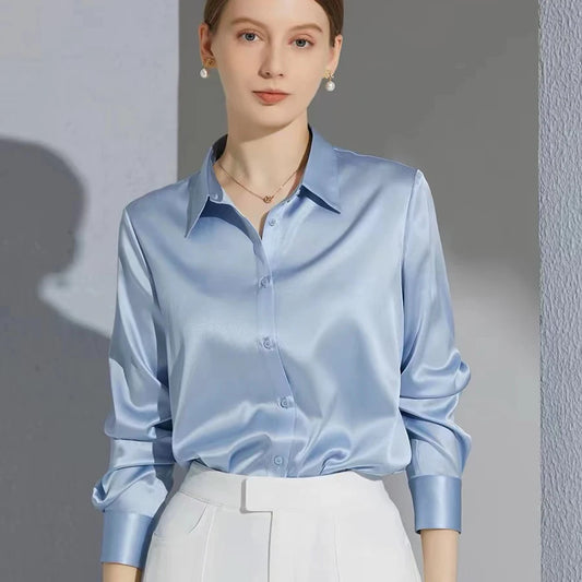 All-match Satin Finish Shirts And Blouses Women Clothing Casual Top OL Long Sleeve Button Elegant Shirts