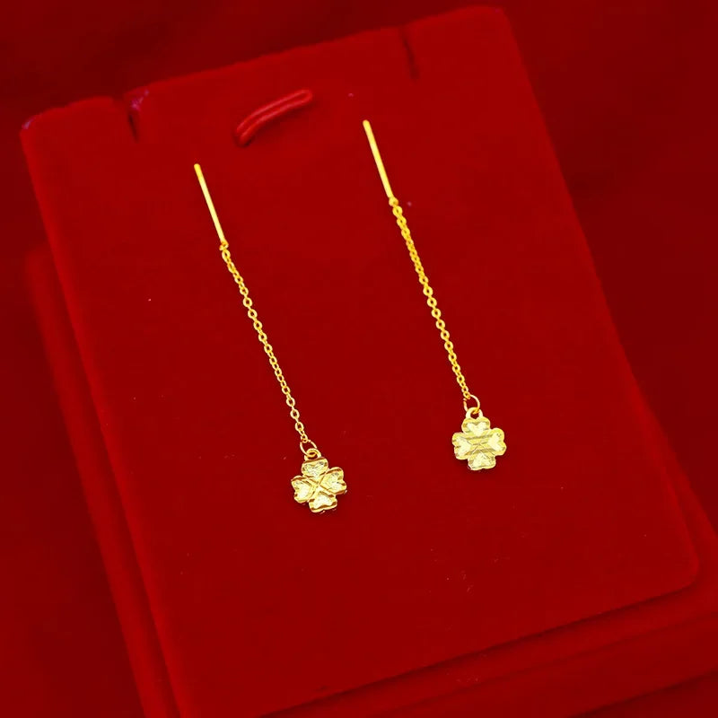 Genuine K Gold Drop Clover Earrings Simple Design for Women