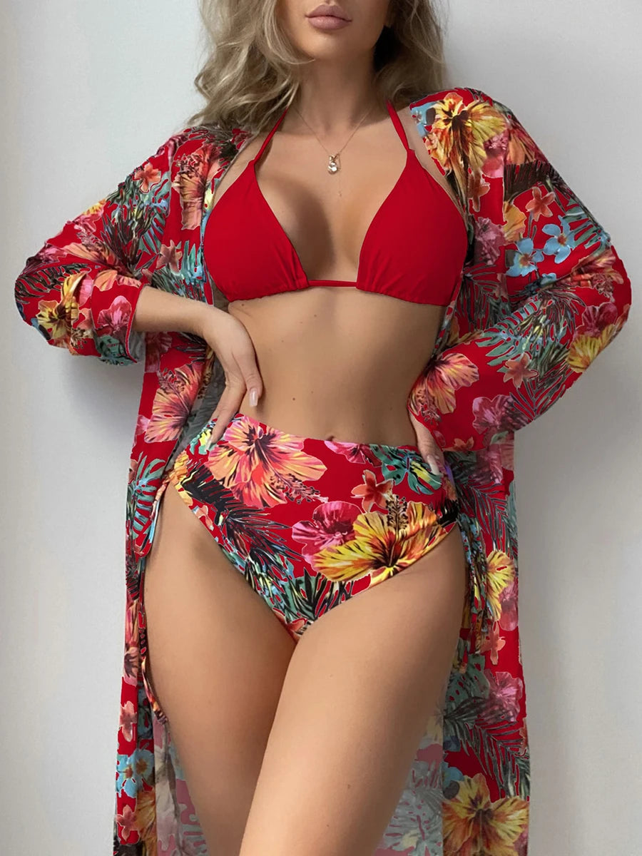 Halter Triangle Bikini 2024 Women Swimsuit With Kimono High Waist Swimwear