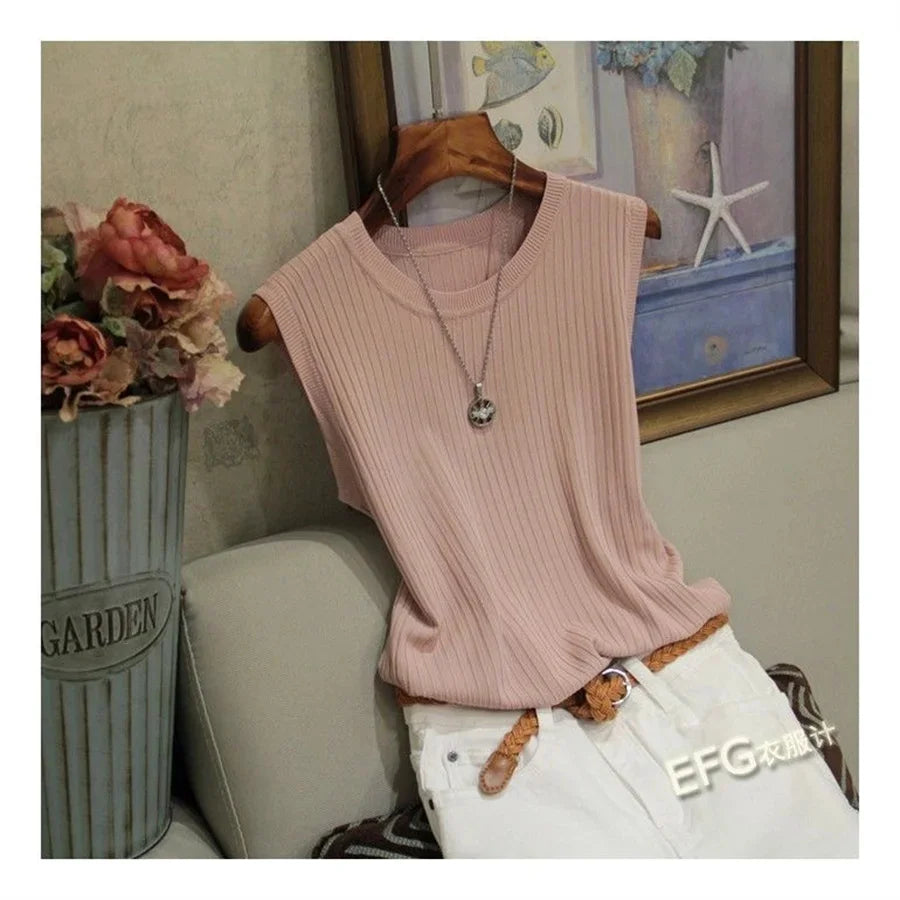 Summer Sleeveless Blouse Women O-neck Knitted Blouse Shirt Women Clothes