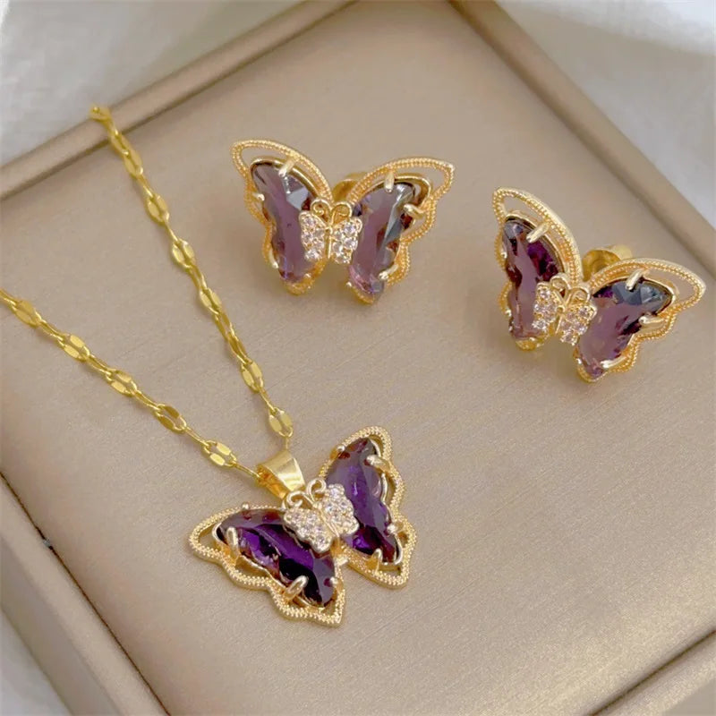 Butterfly Necklace Earrings Set Luxury