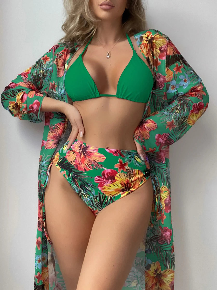 Halter Triangle Bikini 2024 Women Swimsuit With Kimono High Waist Swimwear