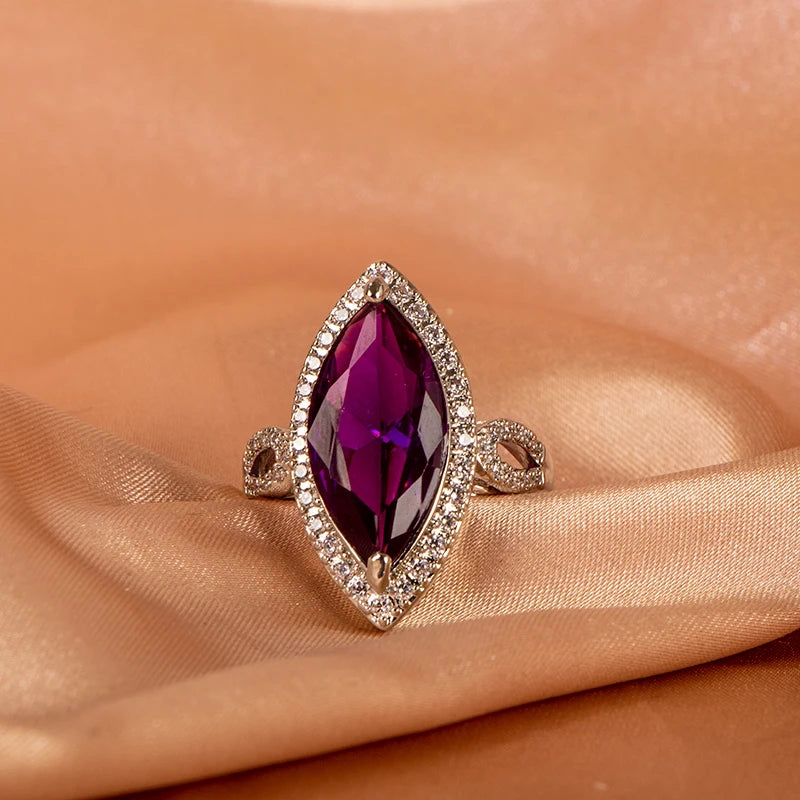 Classic Ring 10 * 20mm Large Amethyst Gem Horse Eye Zircon Women's High Grade Jewelry