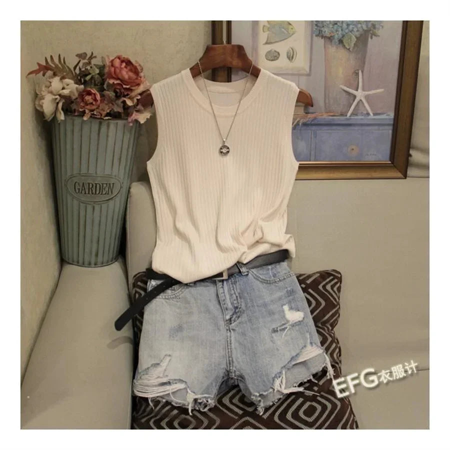 Summer Sleeveless Blouse Women O-neck Knitted Blouse Shirt Women Clothes