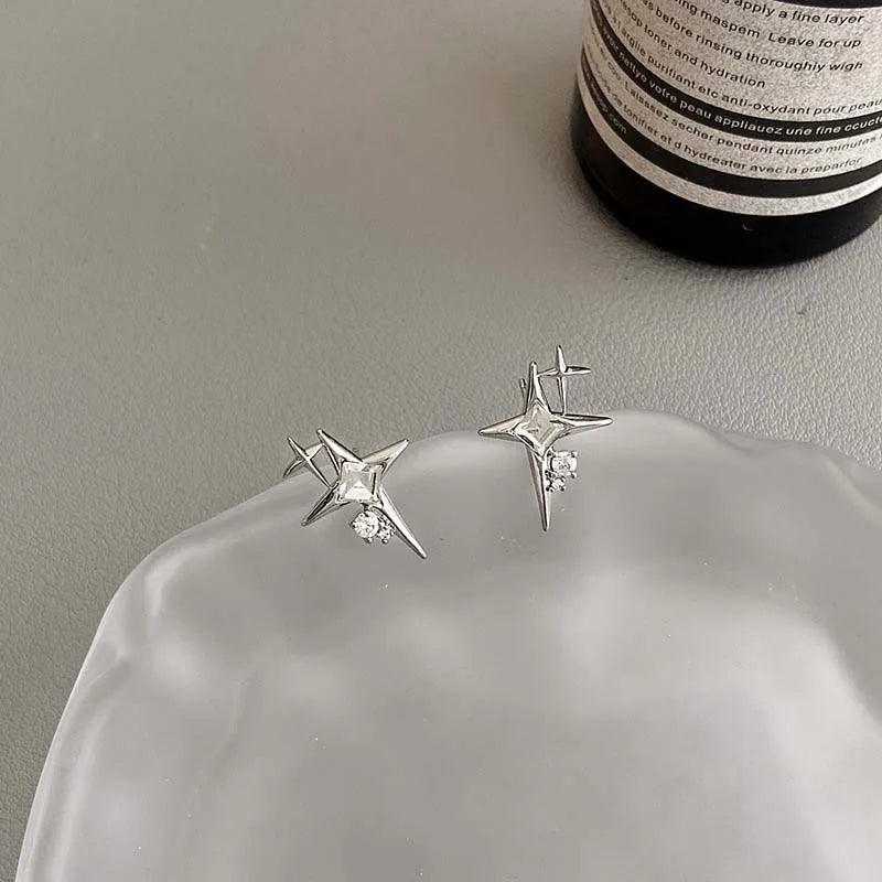 Silver Color Cross Star Zircon Stud Earrings for Women