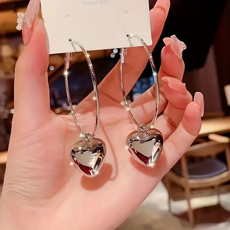 Heart-Shaped Pendant Hollow Hoop Earrings - Fashion Alloy Jewelry for Women