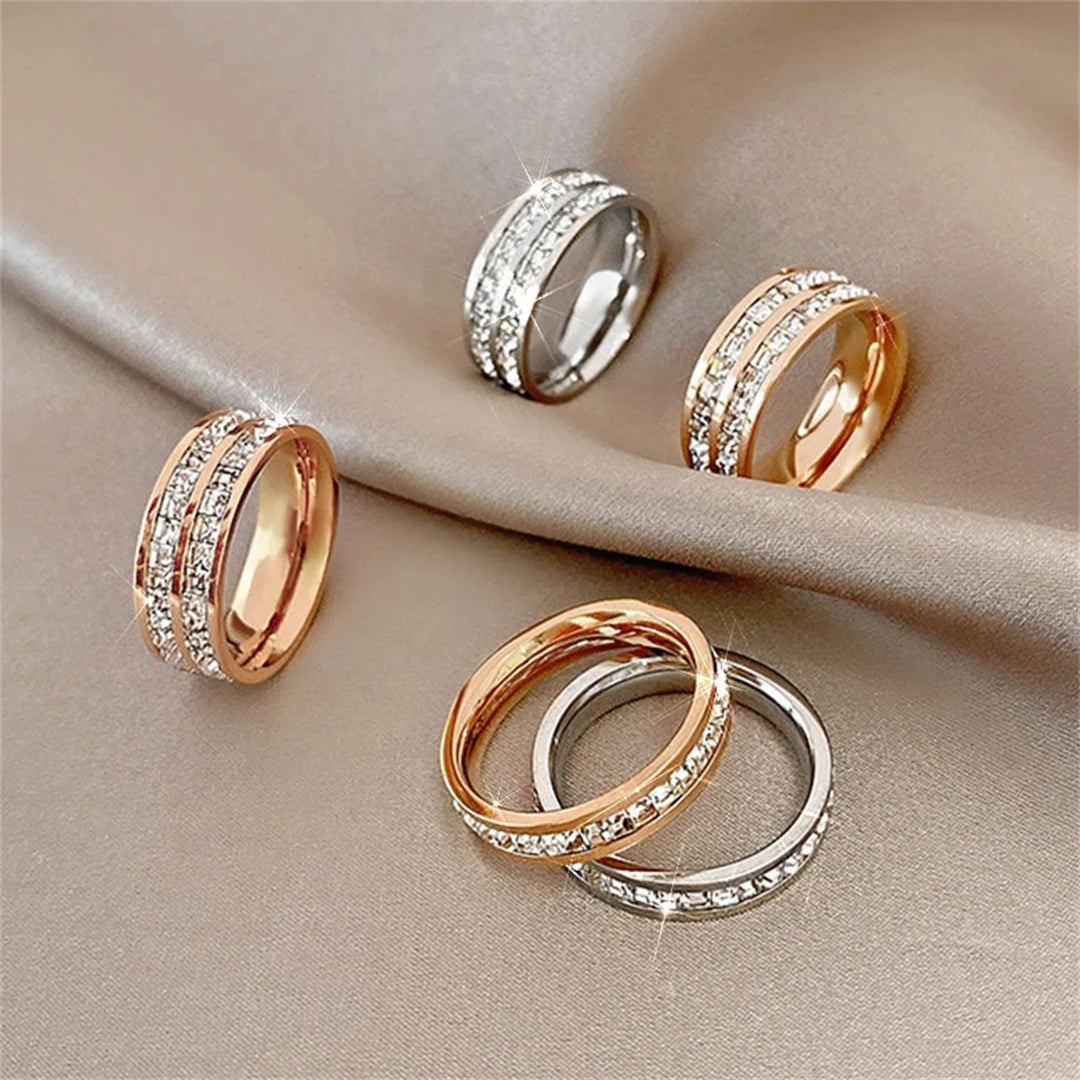 Luxury Rose Gold Double Rowed Square Zircon Stainless Steel Ring