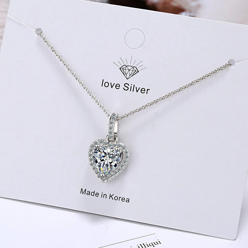 925 Sterling Silver Zircon Heart Pendants Necklaces For Women