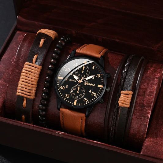 Men Sports Watches Set Man Business Quartz Wristwatch Luxury Brown Leather Bracelet